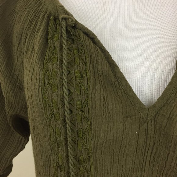 LUCKY BRAND Dark Moss Green Tie Collar Tassels Crepe Embroidery Shirt - Picture 5 of 10